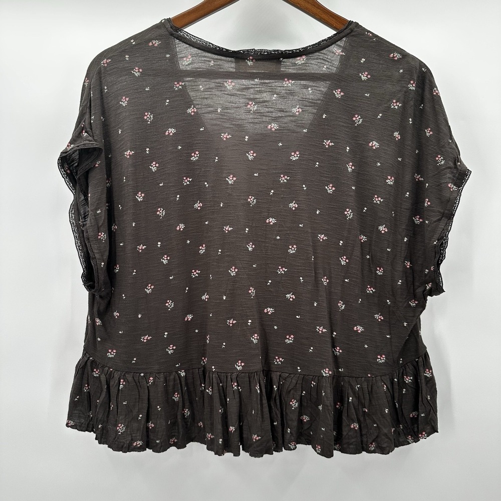 Lucky Brand Shirt Top Womens Medium Peplum Floral Cottage Rayon Lace Crop Button - Picture 6 of 11